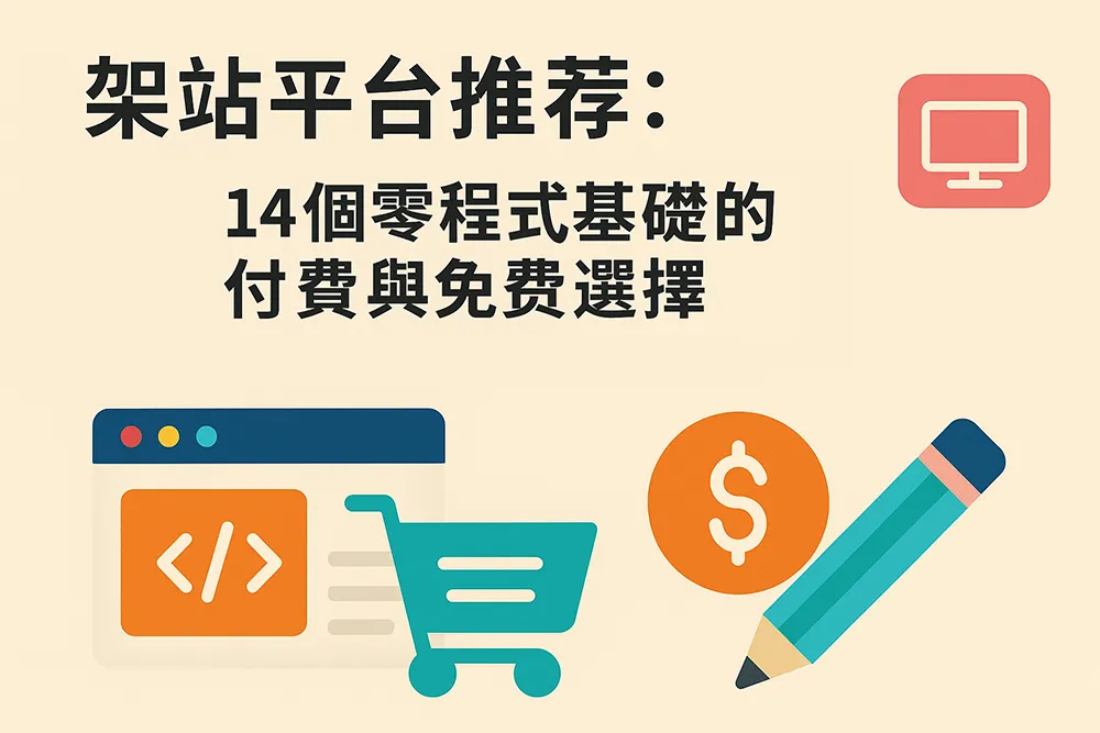 架站平台推薦橫幅插圖,包含中文標題『架站平台推薦:14個零程式基礎的付費與免費選擇』,搭配網站圖示、購物車、金錢符號與鉛筆等扁平化設計元素,淺米色背景,現代簡潔風格