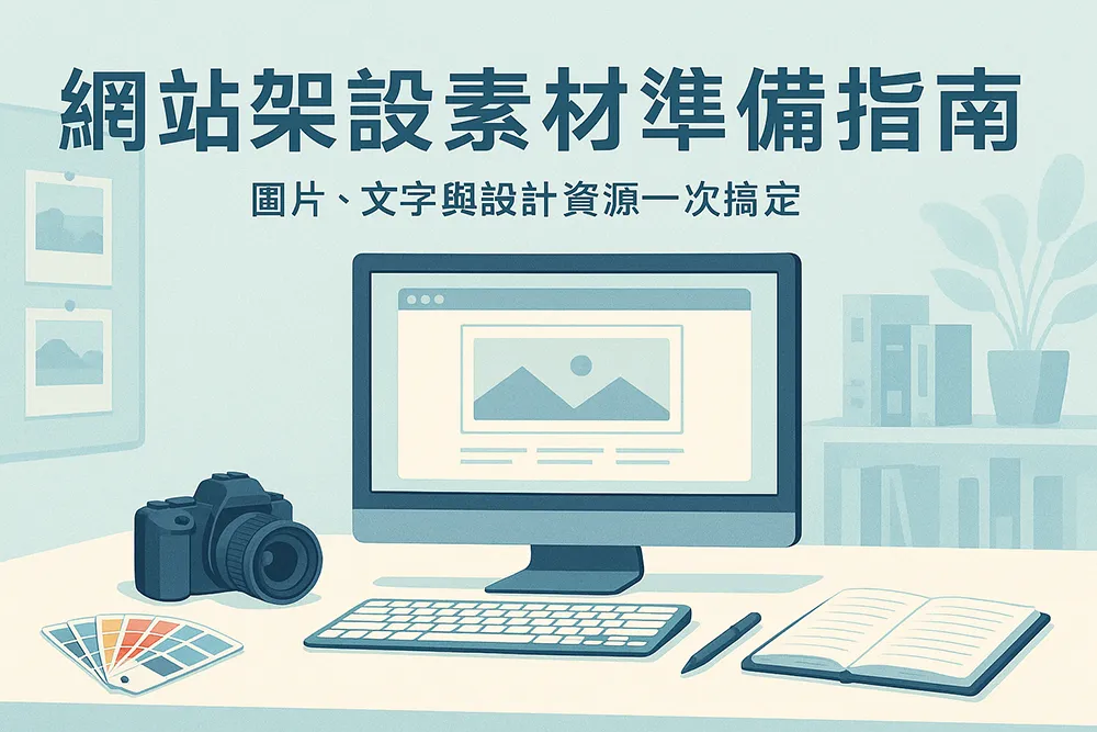網站架設素材準備指南插畫,展示電腦螢幕、相機、色票、筆記本與書架,象徵圖片、文字與設計資源一次備齊的概念,扁平化風格