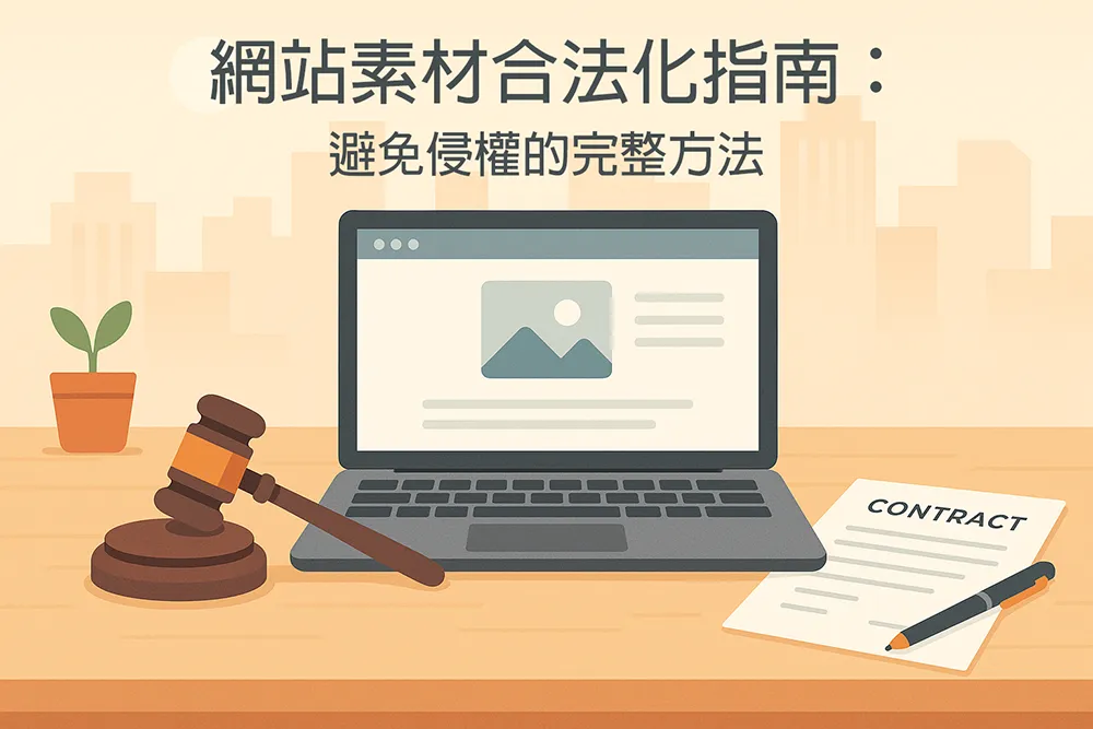 現代辦公桌上的筆電顯示網站頁面,旁邊擺放法槌與契約文件,背景為淡化城市輪廓,扁平彩色插畫風格,柔和日光氛圍。