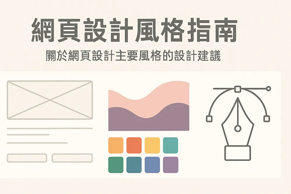 網頁設計風格指南」橫式代表圖,展示網頁線框稿、抽象色塊曲線、色彩搭配矩陣與設計工具圖示,呈現主要網頁設計建議元素。