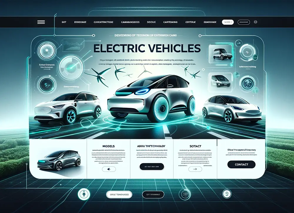 科技風格範例 未來感電動車網站設計介面展示,包含三款不同造型的電動汽車,搭配藍色科技感線條與虛擬資訊圖示,呈現智慧交通與綠色能源的創新概念