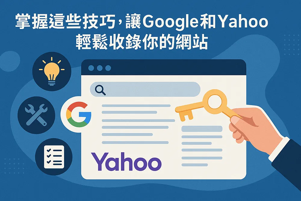 寬螢幕風格插圖,標題文字寫著『掌握這些技巧,讓Google和Yahoo輕鬆收錄你的網站』,畫面中有搜尋引擎頁面、Google與Yahoo標誌,以及象徵SEO關鍵的金色鑰匙。