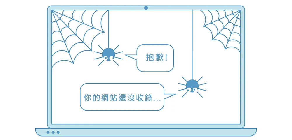 圖片顯示一台電腦螢幕上,兩隻蜘蛛吊掛在網上,旁邊的對話框中寫著「抱歉!你的網站還沒收錄...」。