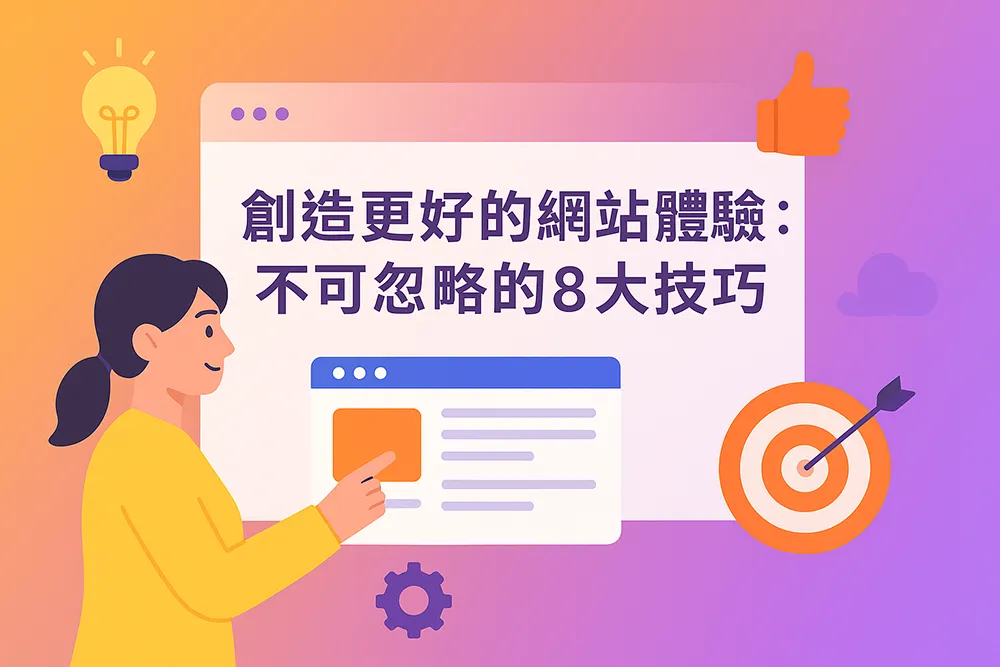 創造更好的網站體驗:不可忽略的8大技巧」封面圖,呈現網站互動設計與使用者體驗提升的核心概念,搭配現代扁平插畫風格與亮色漸層背景,強調易讀性與專業感。