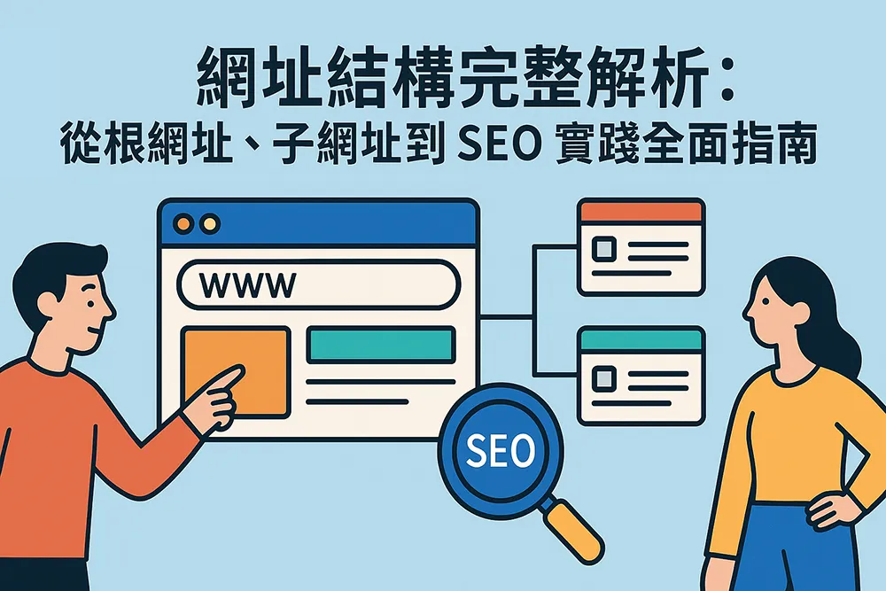 網址結構完整解析封面圖,展示根網址、子網址與 SEO 實踐指南的核心概念