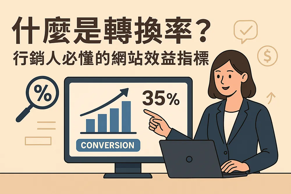 女性行銷專業人士正在電腦前分析網站轉換率圖表，螢幕顯示 35% 成長數據與上升箭頭，搭配『什麼是轉換率？行銷人必懂的網站效益指標