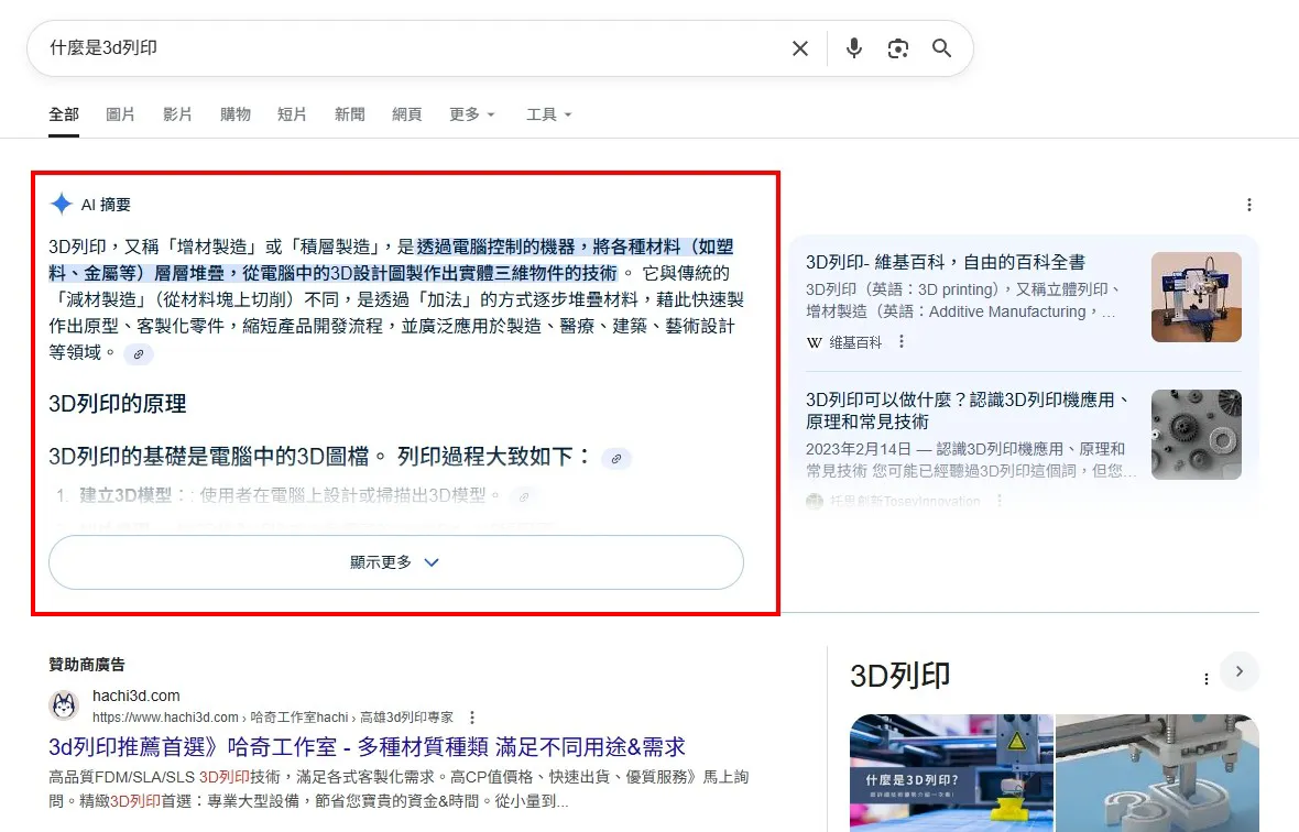 Google 搜尋結果頁面顯示『什麼是3D列印』的 AI 摘要,解釋3D列印的定義、原理與步驟清單,位於搜尋結果最上方白底方框中。
