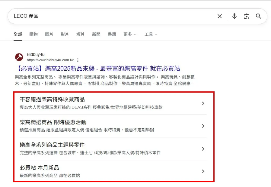 Google 搜尋『LEGO 產品』結果頁面,顯示 Bidbuy4u 網站的搜尋結果與延伸連結清單,包括樂高特殊收藏、限時優惠、全系列主題商品與本月新品。
