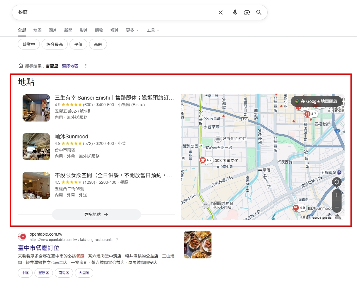 Google 搜尋『餐廳』結果頁面，顯示地圖與地點列表，包含三生有幸、岑沐 Sunmood、不設限飲食空間等台中餐廳資訊與評價。