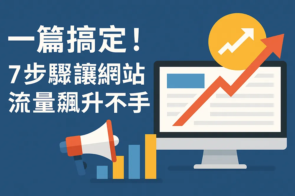 一篇搞定！7 步驟讓網站流量飆升不轉手——藍色背景的橫幅插畫，包含電腦螢幕、紅色上升箭頭、成長圖表與擴音器，象徵網站流量提升與SEO成長