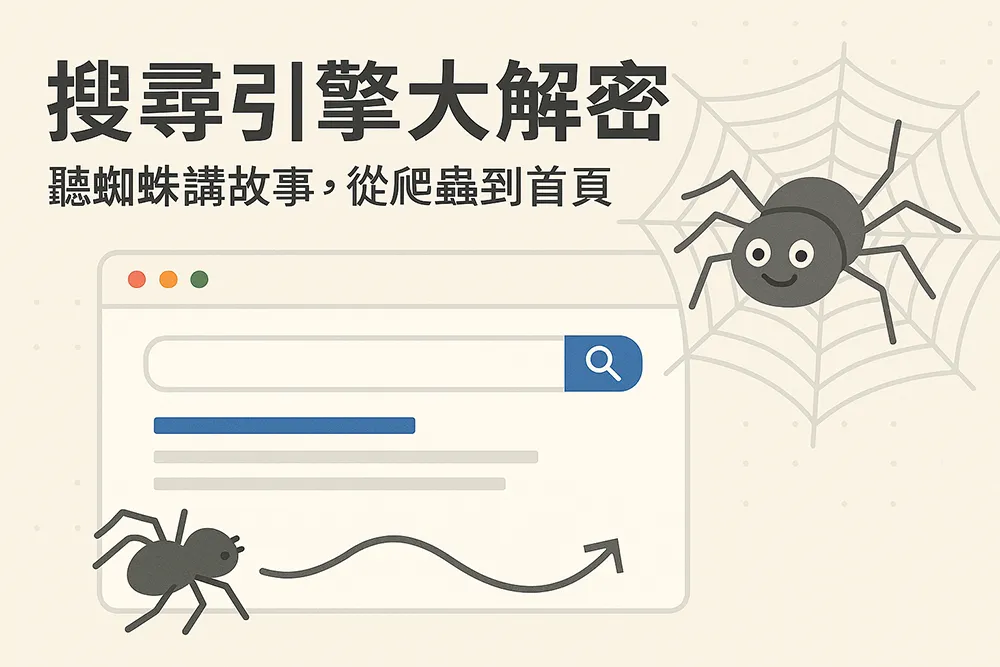 插圖風格展示搜尋引擎運作概念,包含可愛蜘蛛、搜尋欄與網頁爬蟲流程圖示,標題為『搜尋引擎大解密:聽蜘蛛講故事,從爬蟲到首頁』,用於解釋網站如何被搜尋引擎索引與排名。
