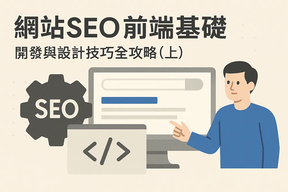 扁平插畫風格圖片,展示網站SEO前端基礎概念,一名設計師站在電腦螢幕前,畫面中有搜尋欄、SEO齒輪圖示與程式碼符號,標題為『網站SEO前端基礎:開發與設計技巧全攻略(上)』,象徵開發與設計在SEO中的重要性。