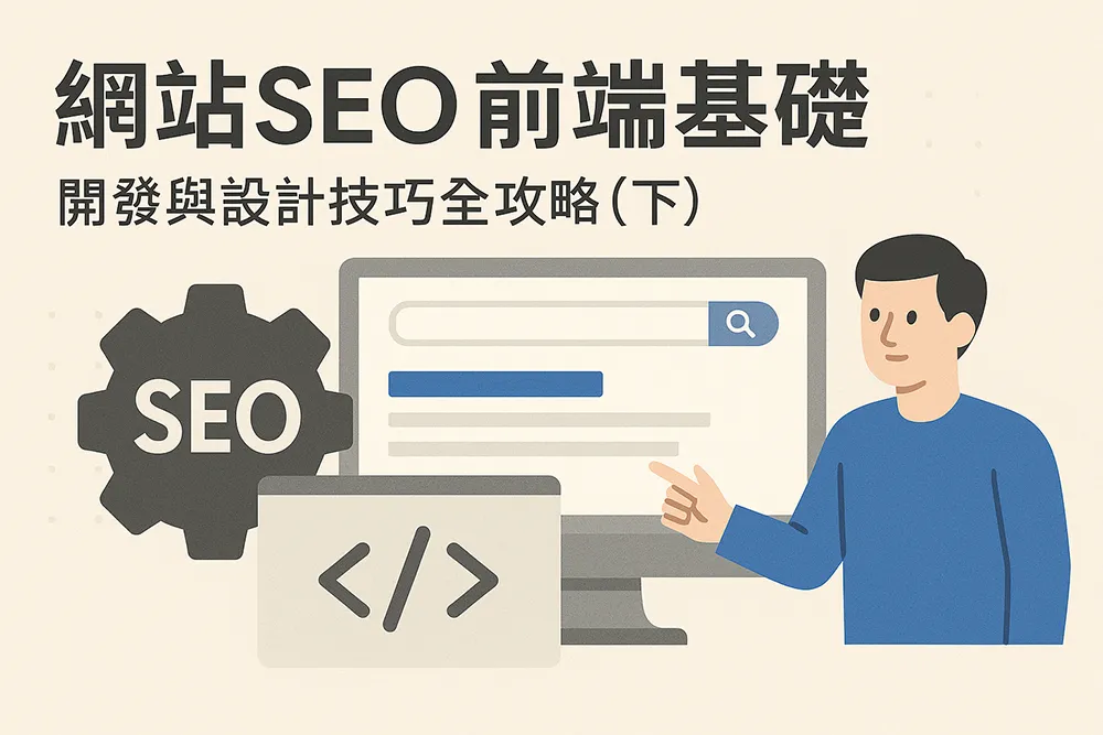 插圖風格呈現網站SEO前端基礎概念,畫面包含SEO齒輪圖示、HTML程式碼視窗、電腦螢幕與搜尋欄,以及一位正在講解網站開發設計的角色,標題為『網站SEO前端基礎:開發與設計技巧全攻略(下)』,用於說明前端技術如何影響搜尋排名與網站優化。