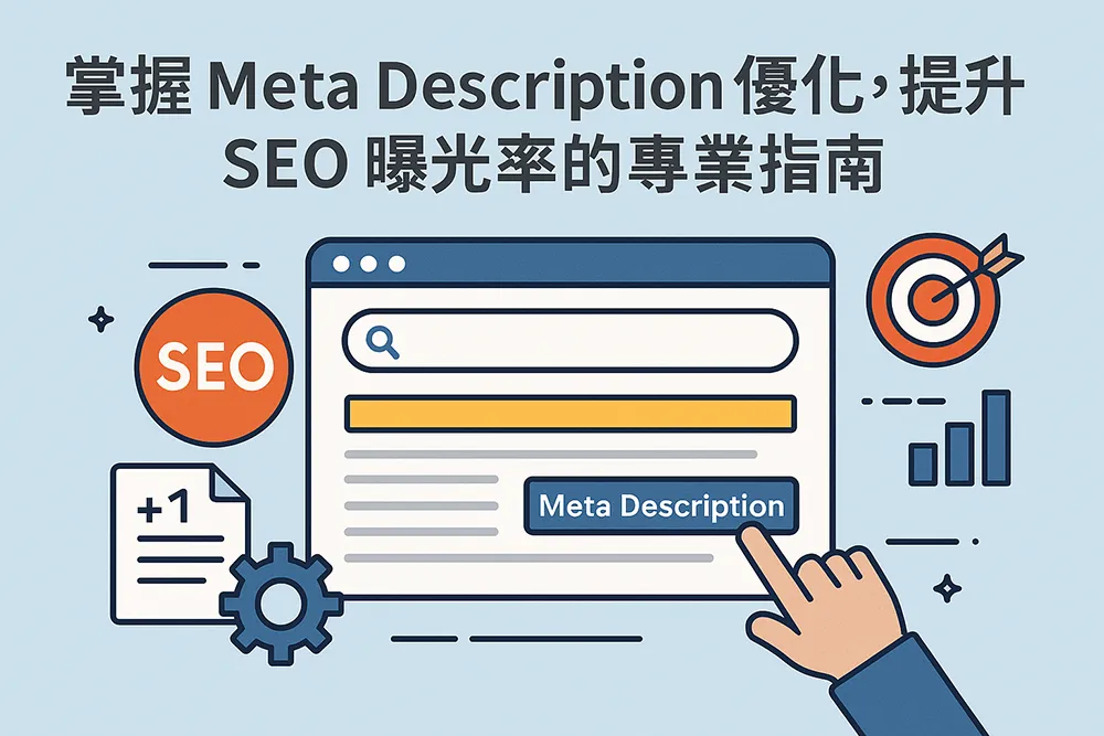 扁平化風格插圖呈現「掌握 Meta Description 優化,提升 SEO 曝光率的專業指南」主題,畫面包含網頁搜尋框、Meta Description 按鈕、SEO 圖示、齒輪、目標圖標與成長圖表,象徵搜尋引擎最佳化與點擊率提升的策略。