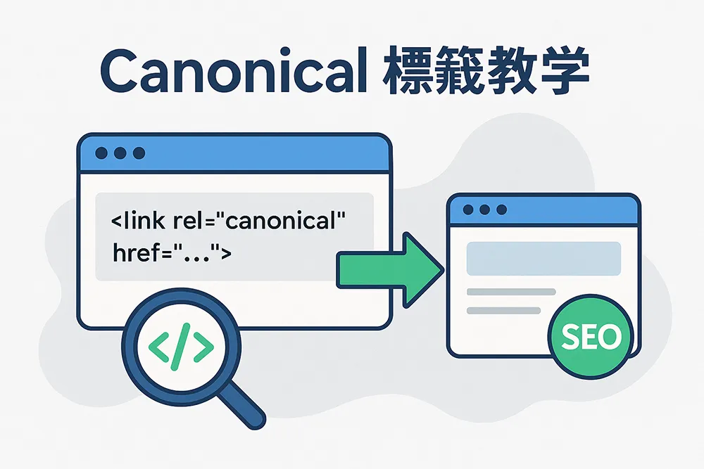圖解 Canonical 標籤的使用方式與實作流程，示意一頁指定標準網址的SEO技巧