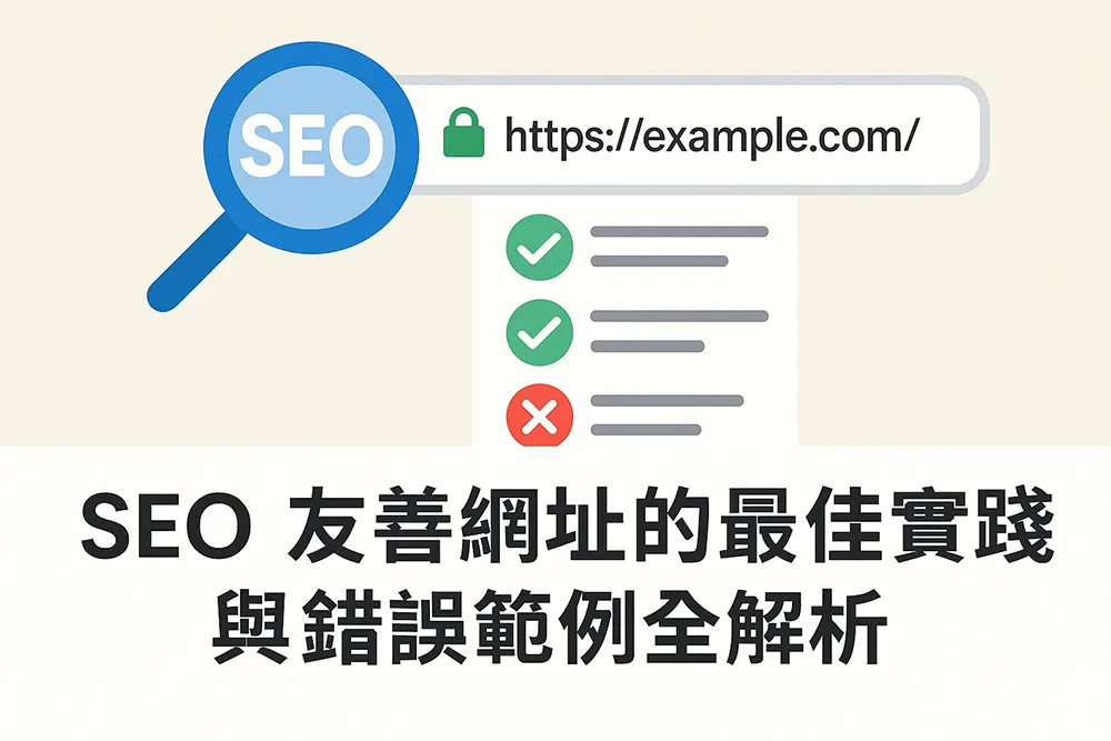 SEO友善網址的最佳實踐與錯誤範例圖解，左側顯示綠色的友善網址範例，右側則有紅色的錯誤網址格式，並附有SEO字樣與中文標題文字。