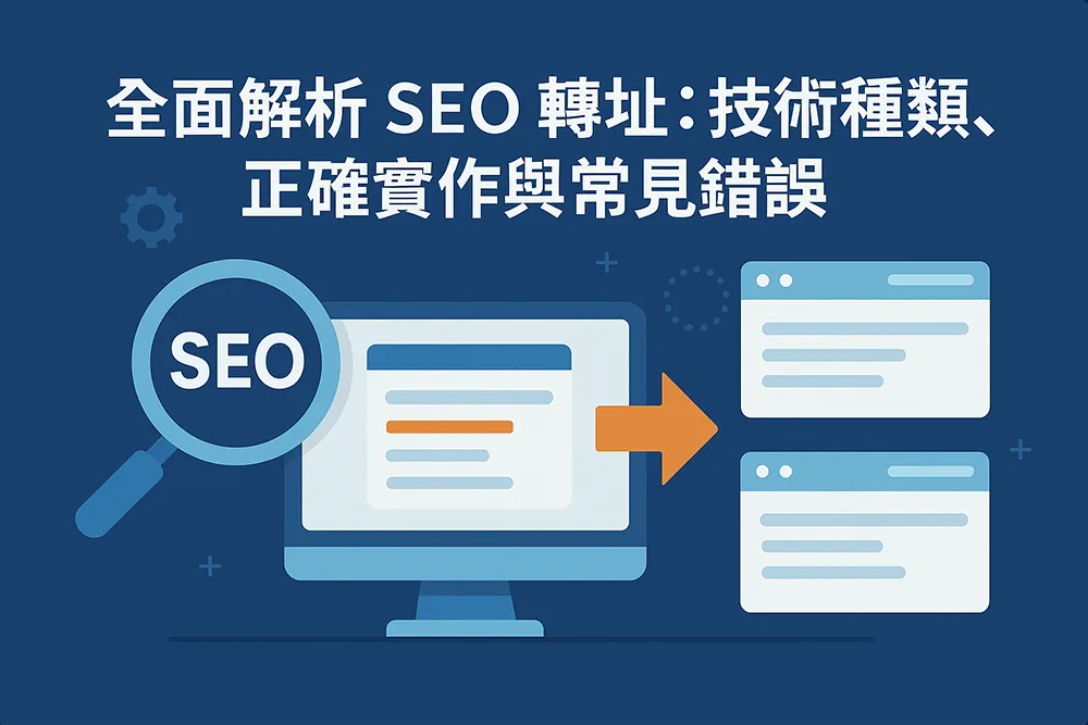 全面解析 SEO 轉址:瀏覽器視窗搭配放大鏡與箭頭圖示,呈現轉址技術與搜尋引擎優化概念的扁平風橫幅設計圖