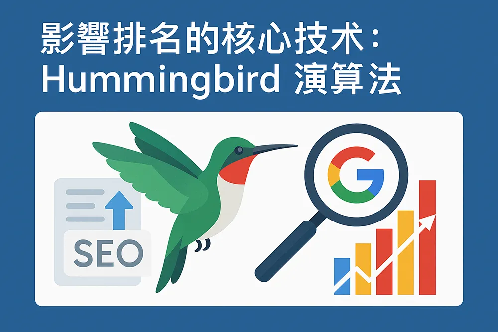 Google Hummingbird 演算法示意圖，蜂鳥與搜尋引擎圖示結合，說明 SEO 影響排名的核心技術。