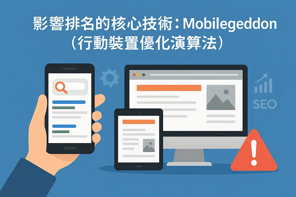 行動裝置優化演算法 Mobilegeddon 插畫,手機與桌機顯示網頁搜尋結果,警告標誌突顯未優化網站的 SEO 排名風險