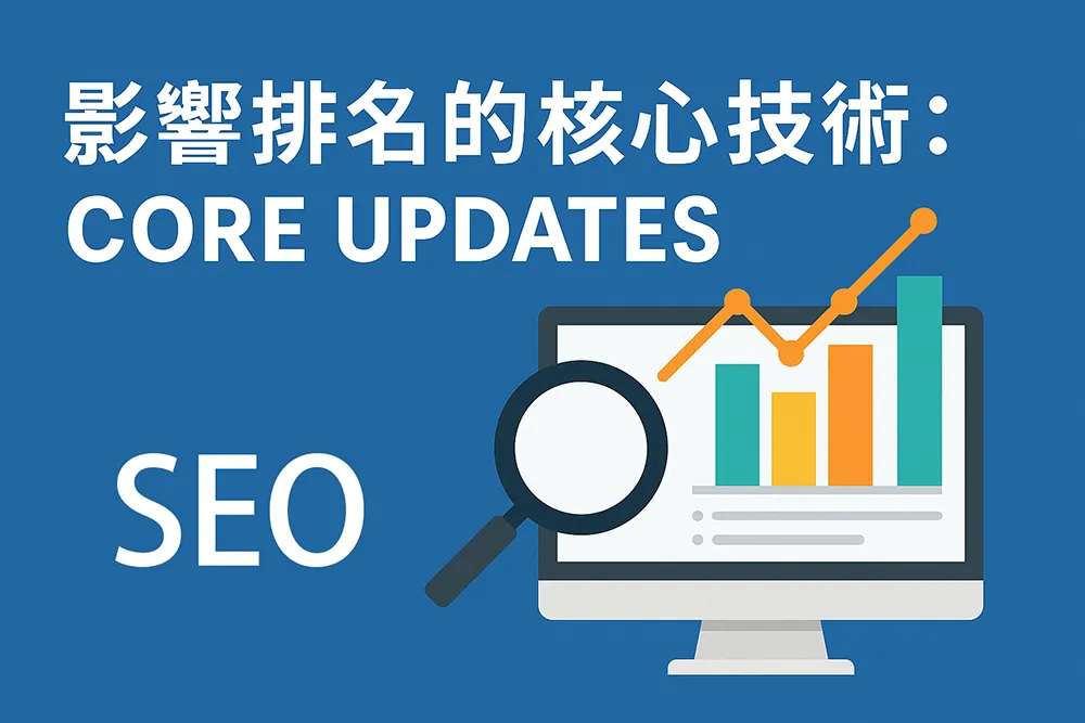 「Core Updates(核心更新)」主題的網頁文章橫幅插圖,畫面展示放大鏡檢視電腦螢幕上的統計圖表與上升曲線,象徵 Google 搜尋演算法更新與網站排名變化,採用藍白橘配色的現代扁平插畫風格。