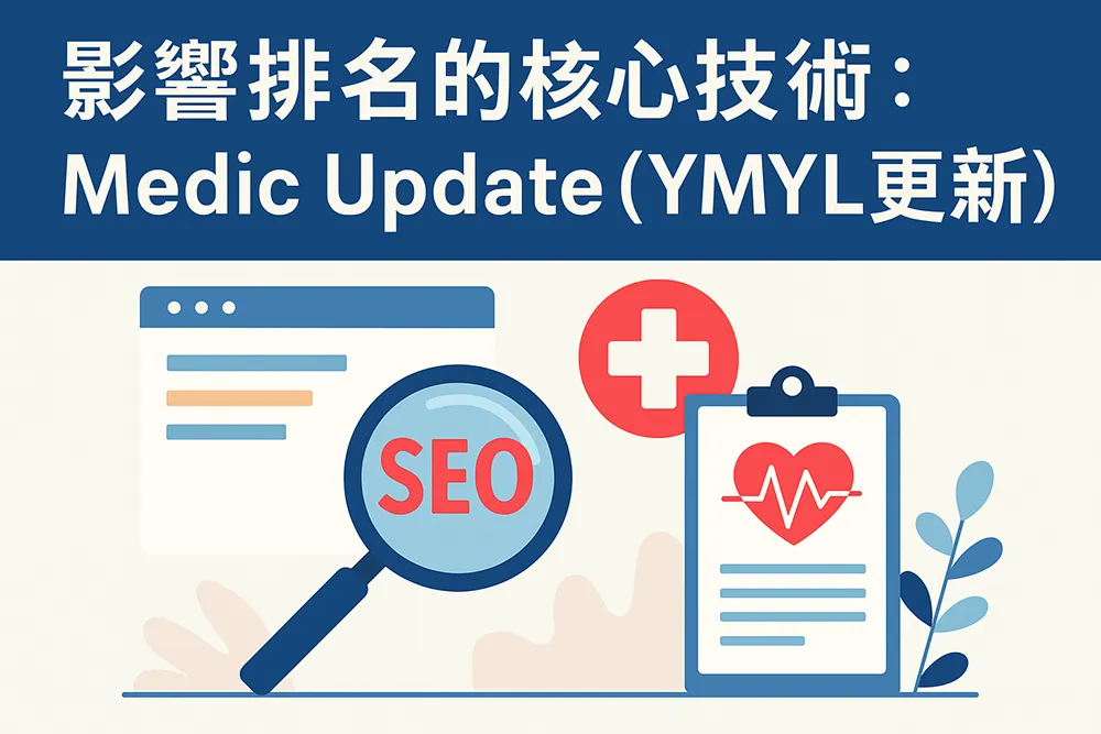 Medic Update(YMYL更新)SEO橫幅插圖,包含醫療網站、信任象徵與搜尋引擎優化圖示,代表Google演算法對健康與財經內容品質的重視。