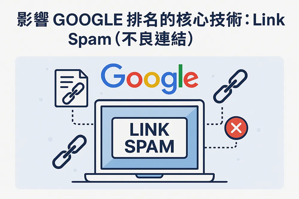 Google 搜尋演算法中 Link Spam(不良連結)的概念插圖,顯示筆電、超連結符號與警告標誌,象徵垃圾連結對 SEO 排名的負面影響。