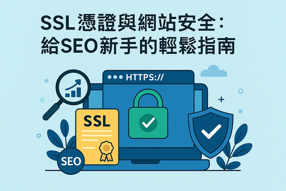 扁平插畫風代表圖,畫面中有電腦螢幕、綠色鎖頭、盾牌與 HTTPS 圖示,象徵安全連線與 SEO 排名信任度提升,風格簡潔現代,適合網站安全教學文章使用。