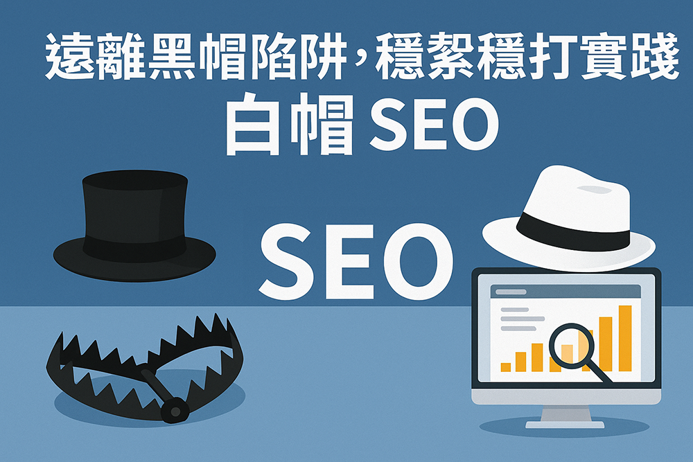 橫向扁平插畫風格的 SEO 主題封面圖,畫面展示黑帽陷阱與白帽 SEO 的對比。左側象徵黑帽陷阱與錯誤手法,右側呈現穩健的白帽 SEO 策略與成長圖表,上方有標題文字『遠離黑帽陷阱,穩紮穩打實踐白帽