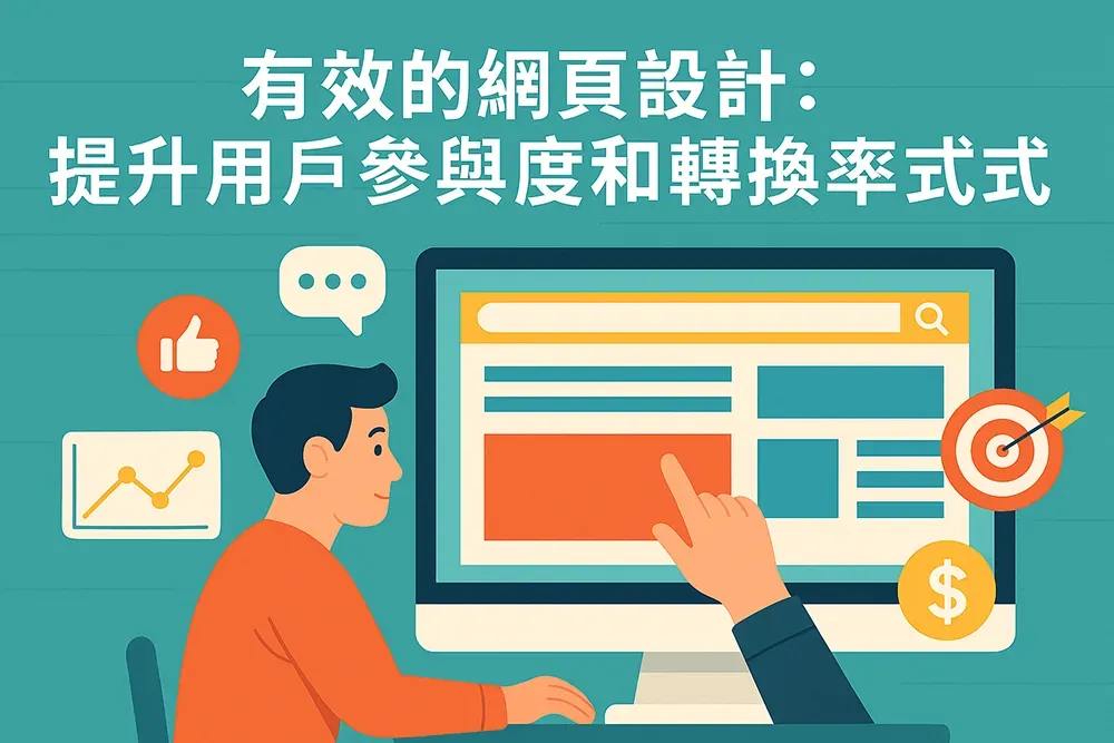 扁平插畫風格的網頁設計概念圖,展示使用者與網站互動、轉換率上升、圖表與目標符號,代表提升用戶參與度與轉換率的有效設計方式。