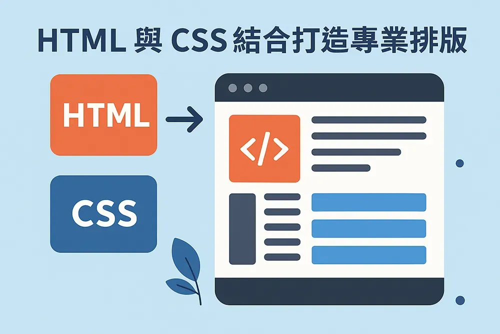 扁平化風格插圖呈現 HTML 與 CSS 的結合概念,展示網頁排版設計介面、程式碼與視覺元素融合,象徵打造專業網站排版的教學主題。