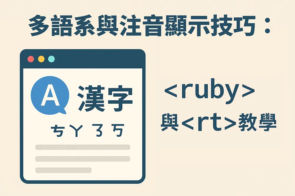 扁平化風格的網頁教學封面圖,展示多語系與注音顯示技巧,包含 HTML <ruby> 與 <rt>標籤範例、漢字與注音符號示意、簡潔現代的介面設計與明亮背景,適用於 HTML 教學與語言顯示相關文章。