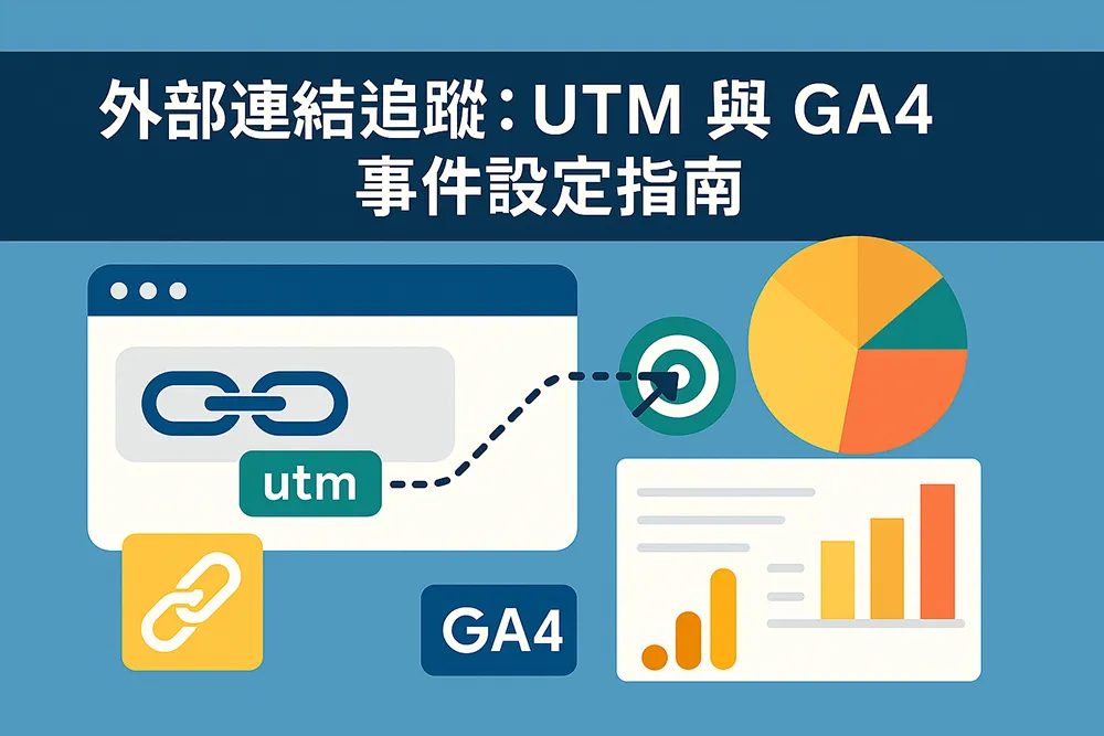 「外部連結追蹤:UTM 與 GA4 事件設定指南」扁平化插圖,呈現瀏覽器介面、連結符號、UTM 標籤與 GA4 數據儀表圖,象徵網站分析與行銷追蹤設定教學。