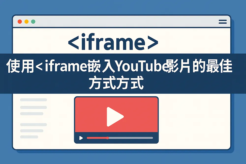 寬螢幕比例的扁平化封面圖,展示 HTML <iframe> 標籤與 YouTube 播放介面,搭配繁體中文標題〈使用 <iframe> 嵌入 YouTube 影片的最佳方式〉,以藍白紅配色呈現現代網頁設計與教學主題。