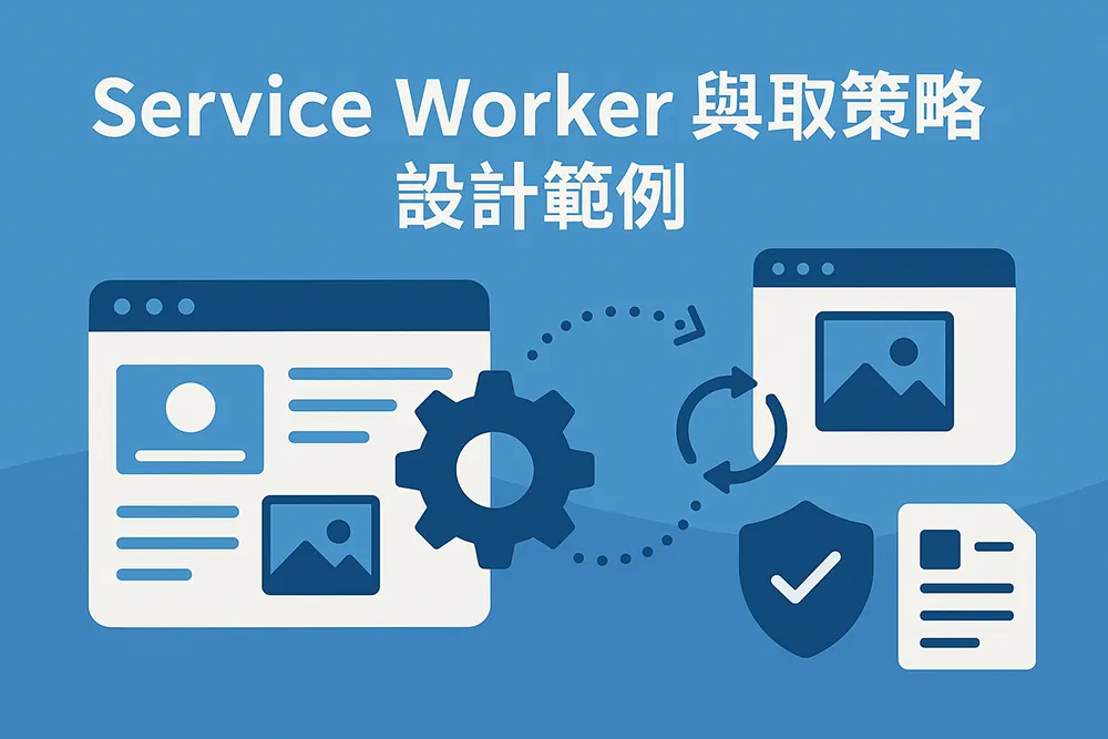 扁平化風格的網頁封面圖，主題為「Service Worker 與快取策略設計範例」，畫面包含瀏覽器介面、齒輪、資料快取圖示與開發者人物，象徵前端快取與 PWA 技術設計概念。